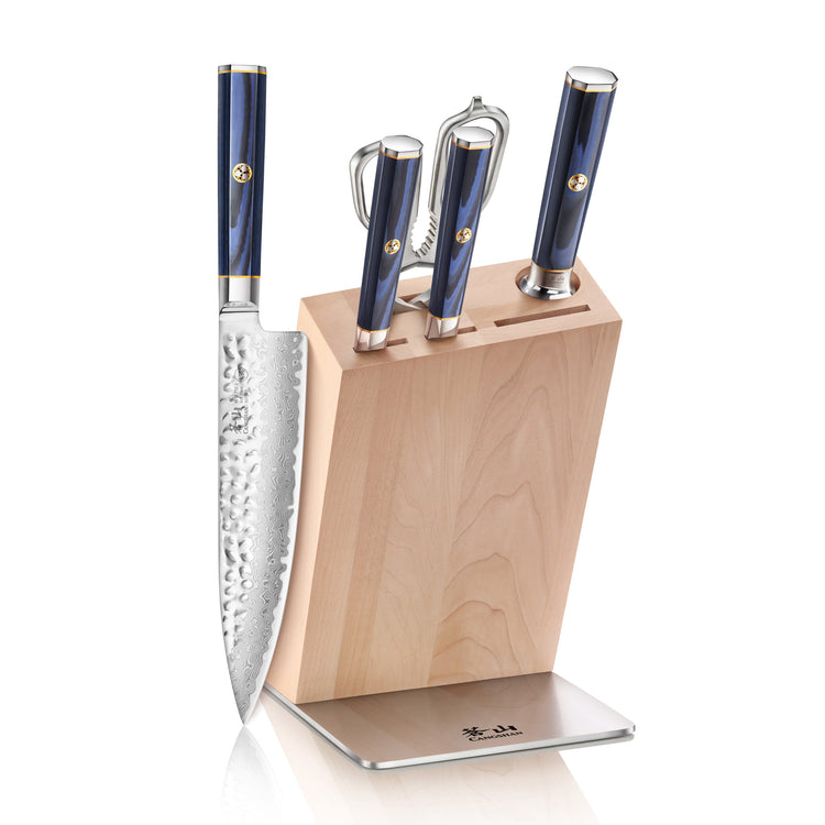 Six-piece knife set with blue handles in a wooden block, including a chef's knife, paring knives, and a peeler.