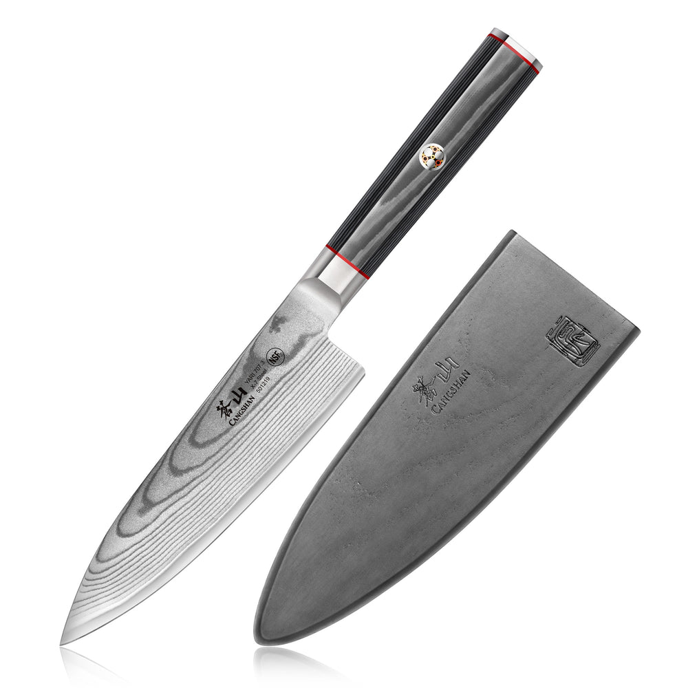 
                  
                    Load image into Gallery viewer, YARI Series 6-inch Chef&amp;#39;s Knife with Sheath, X-7 Damascus Steel, 501219
                  
                