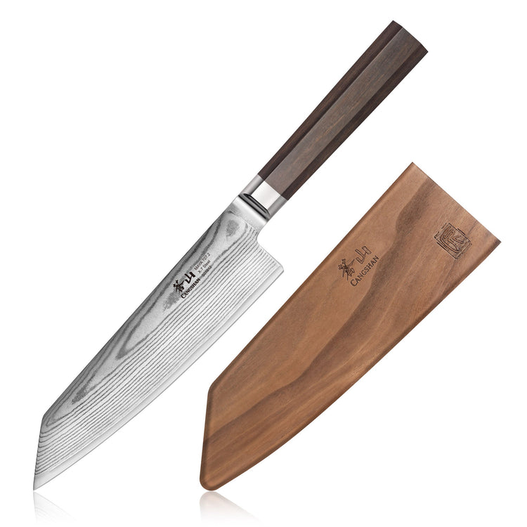 MAYA Series 7-inch Kiritsuke knife with X-7 Damascus steel blade, dark wood handle, and matching wooden sheath.