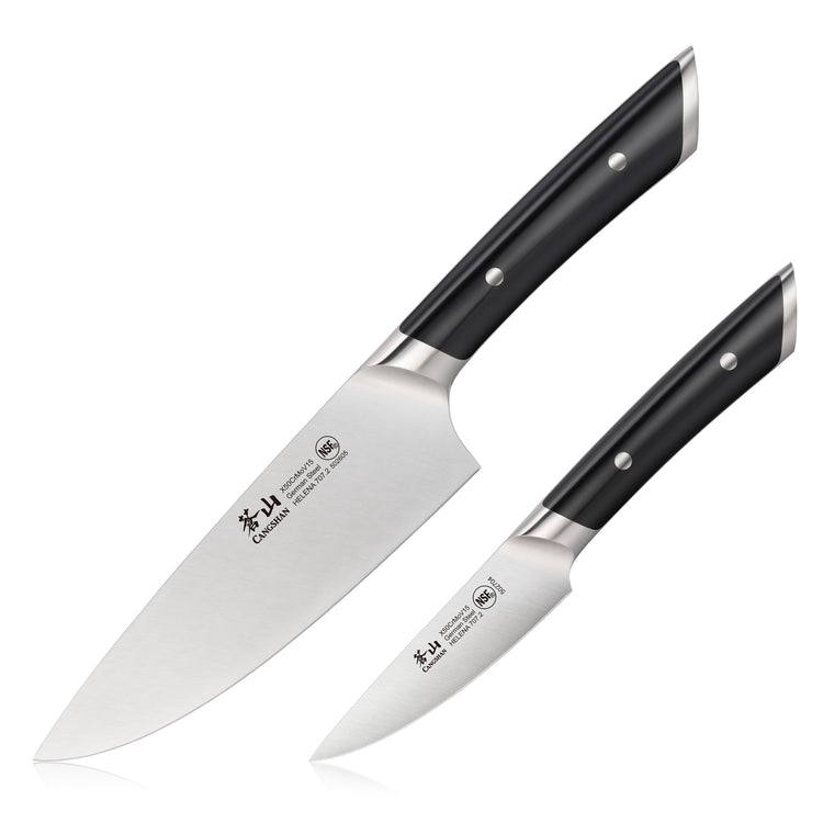 Two kitchen knives with black handles and stainless steel blades, one larger chef knife and one smaller paring knife.