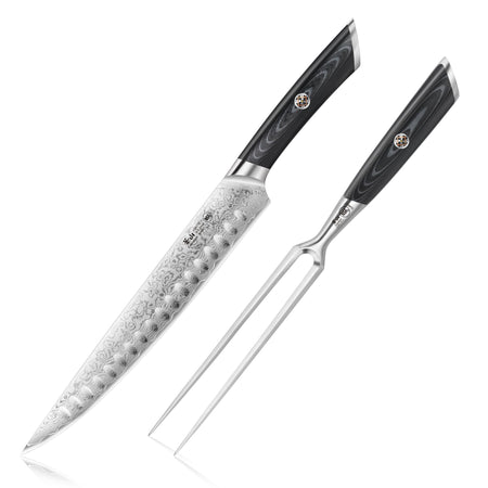 Two-piece carving set with patterned steel blade knife and two-prong fork, both with black handles.
