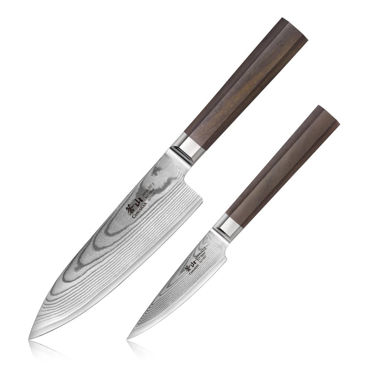 Two Damascus steel kitchen knives with dark wooden handles, one larger chef knife and one smaller paring knife.