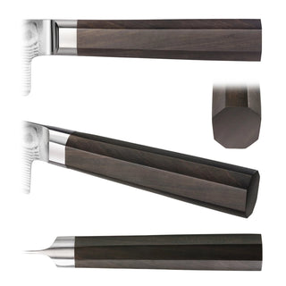 
                    
                      Close-up views of a knife handle made of dark walnut wood with a metal bolster and an octagonal shape.
                    
                  