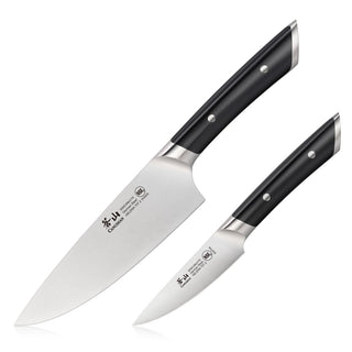 
                    
                      Two-piece kitchen knife set with a chef knife and paring knife featuring black handles and steel blades.
                    
                  