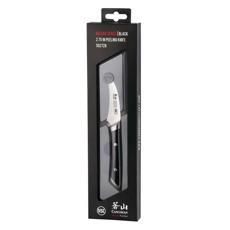 Black-handled 2.75-inch peeling knife with stainless steel blade in black retail packaging.