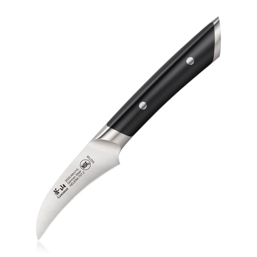 Curved peeling knife with black handle and stainless steel blade marked with brand and steel type.