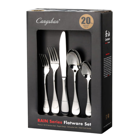 20-piece flatware set with forks, knives, and spoons in stainless steel displayed in black packaging.