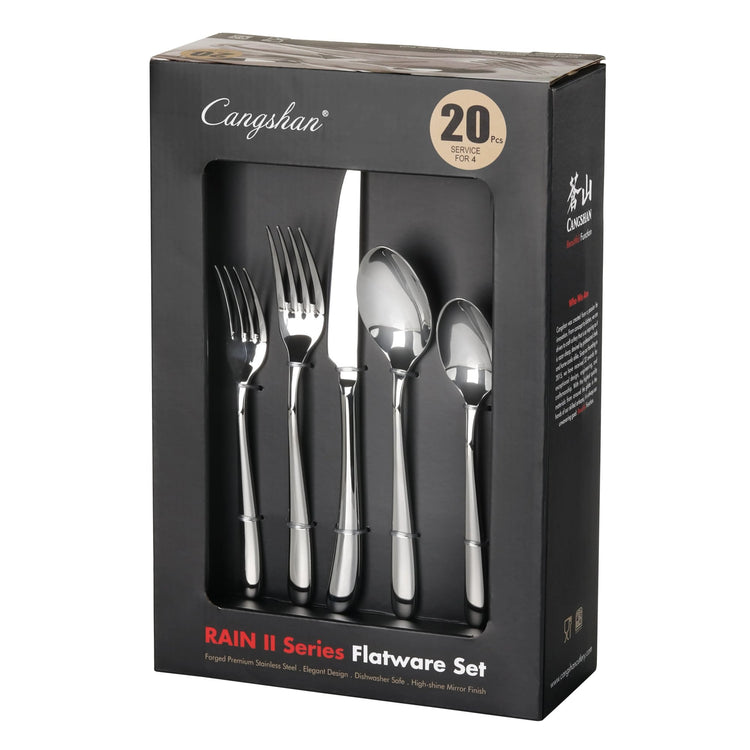 20-piece flatware set with forks, knives, tablespoons, and teaspoons in a black box packaging.