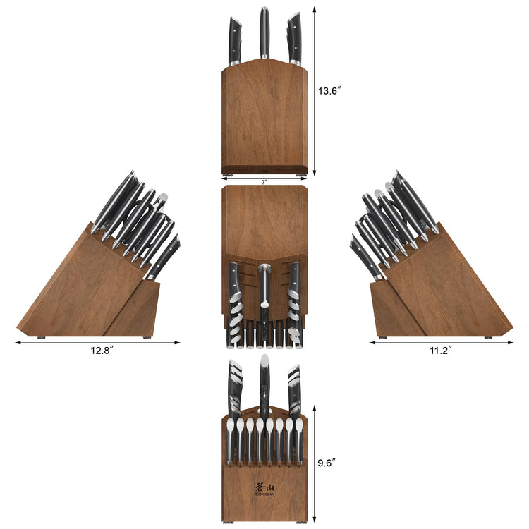 Wooden knife block with multiple knives and kitchen tools, shown from front, back, top, and side views with dimensions.