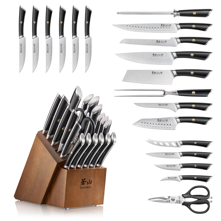 20-piece knife set with black handles, including various knives, kitchen shears, sharpening steel, and acacia wood block.