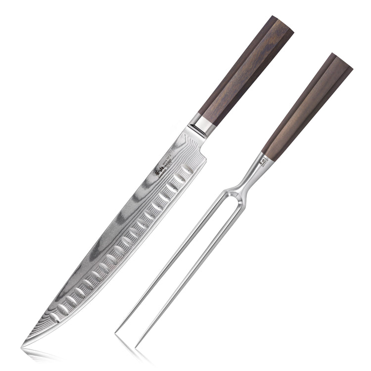 Two-piece carving set with a patterned steel knife and a two-prong fork, both with dark wooden handles.