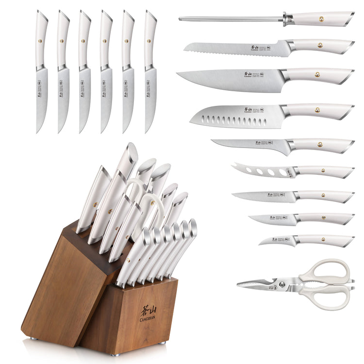 17-piece knife block set with stainless steel knives, kitchen shears, sharpening steel, and acacia wood block.