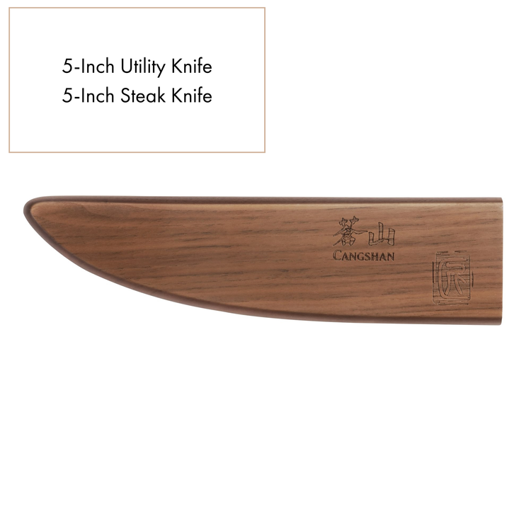 Walnut magnetic knife sheath with saya style blade protection, engraved with brand logos.