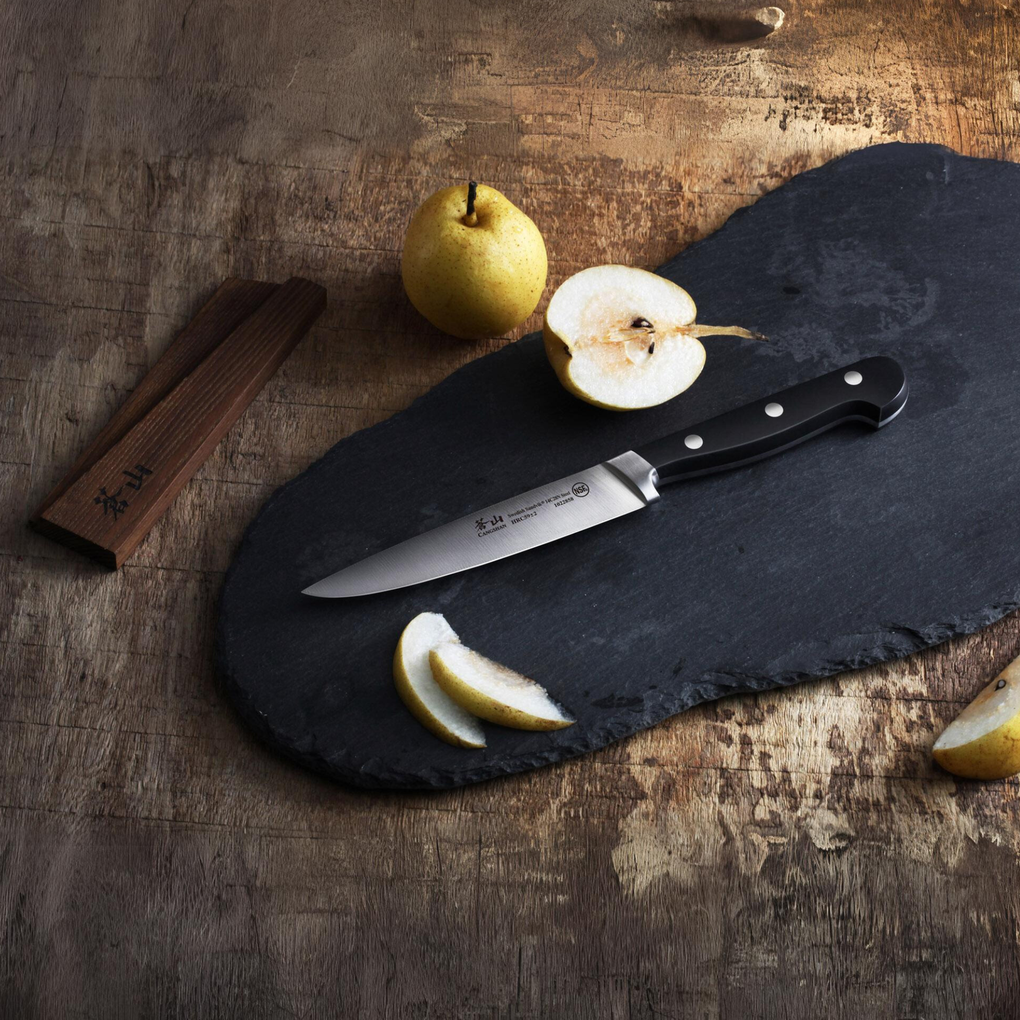 TV2 Series 5-Inch Utility Knife with Wood Sheath, Forged Swedish 14C28N Steel, 1022865