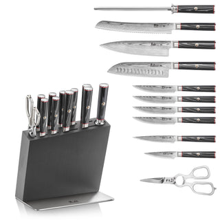 
                    
                      Twelve-piece knife set with black handles, including sharpening steel, kitchen scissors, and a black angled knife block.
                    
                  