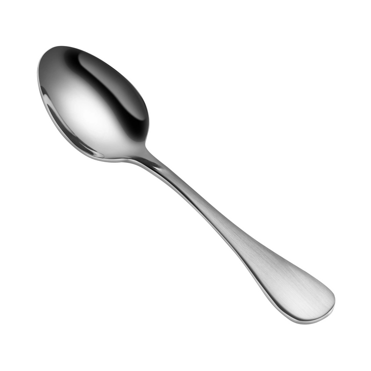 Stainless steel espresso spoon with a matte finish handle and polished bowl, isolated on white background.