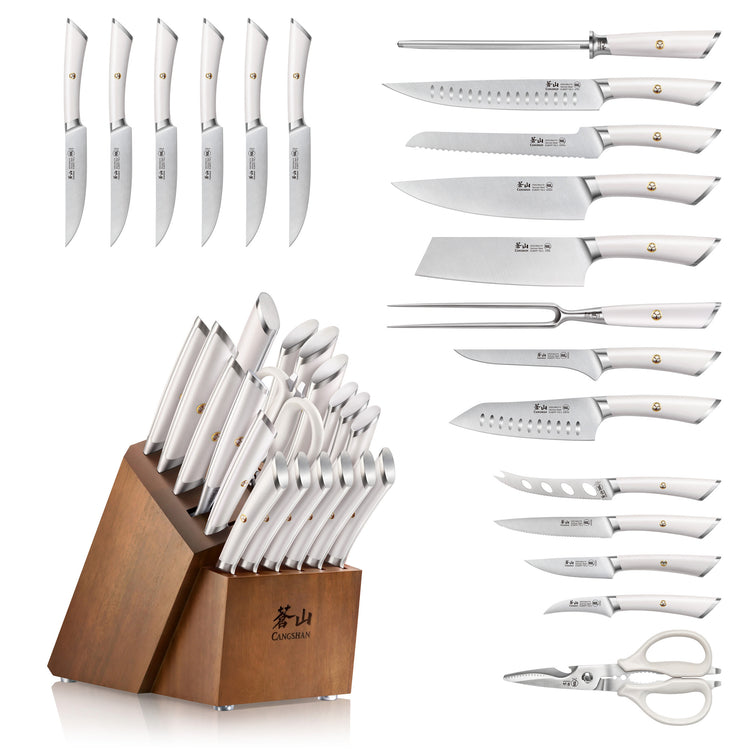 20-piece knife set with white handles, including various knives, kitchen shears, and a wooden block.