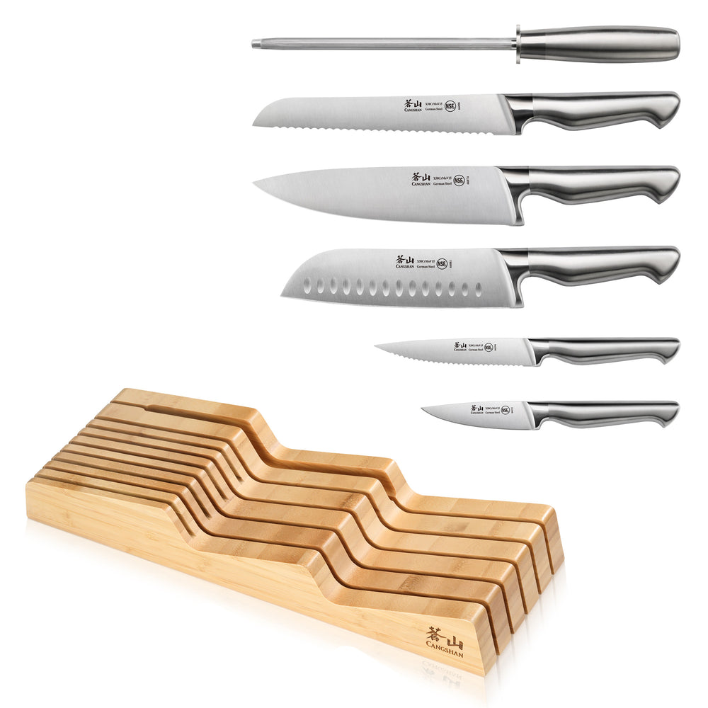 
                  
                    Load image into Gallery viewer, Sanford Series 7-Piece Knife In Drawer Set, Forged German Steel, Bamboo Tray, 1027167
                  
                