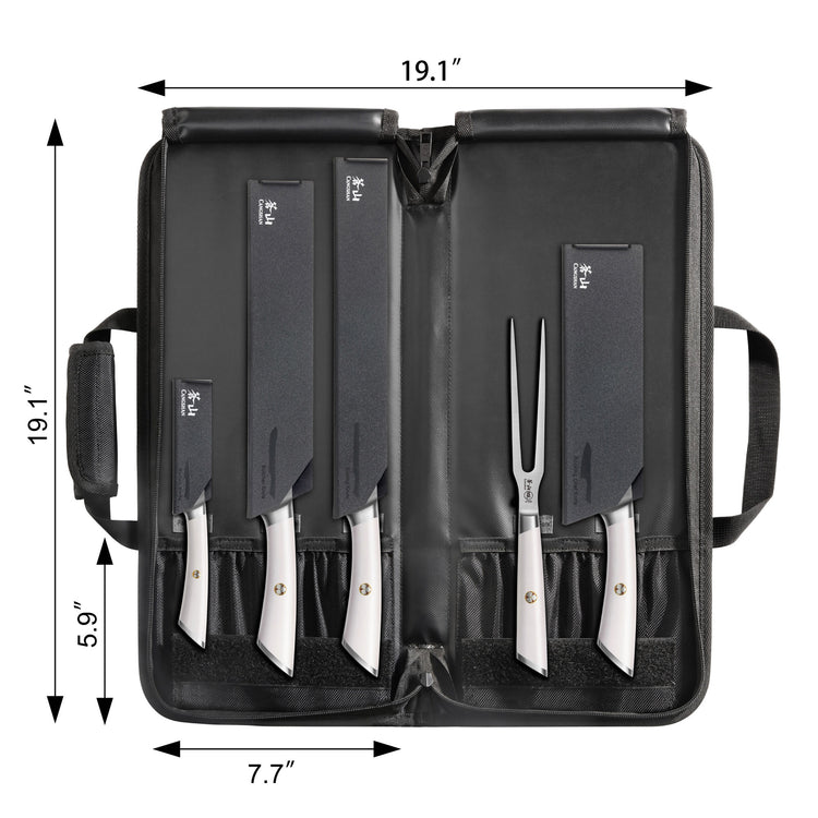 Six-piece BBQ knife set with white handles and black sheaths, plus a two-prong fork, inside an open black carrying case.