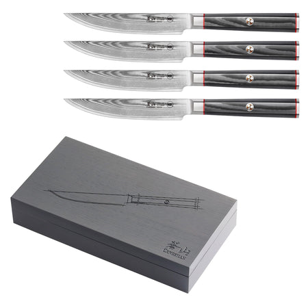 Four steak knives with patterned Damascus steel blades and dark handles, displayed above a closed dark wood storage box.