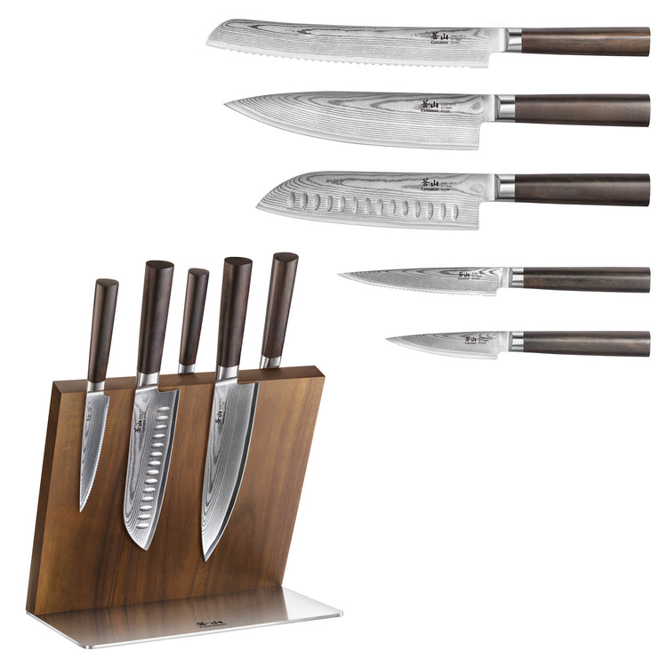Six kitchen knives with dark handles displayed on a wooden magnetic block and separately, showing blade patterns and shapes.