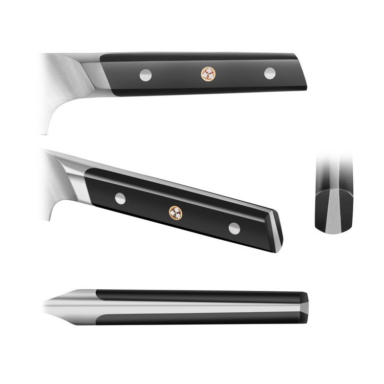 Close-up views of a black-handled chef knife showing the handle from multiple angles, including top, side, and end.