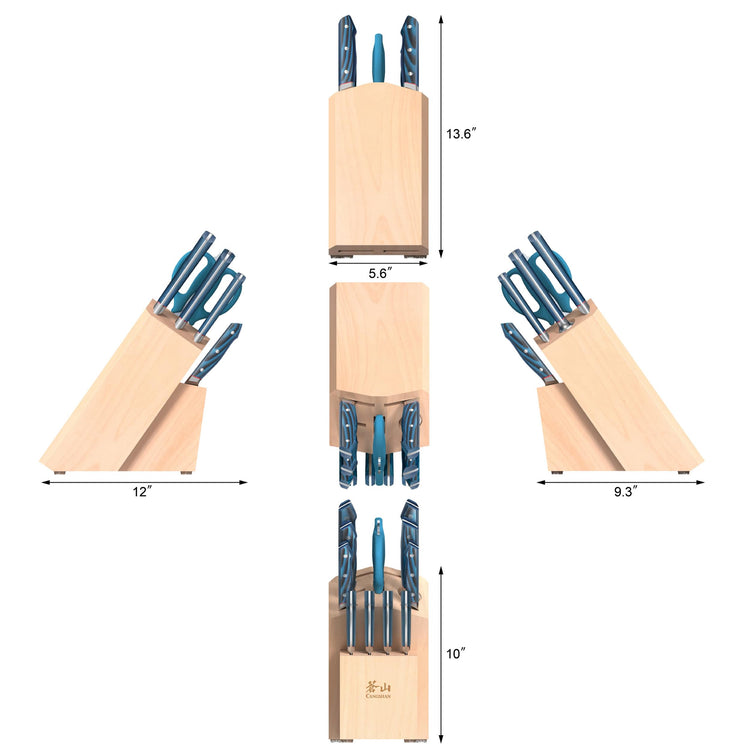 12-piece knife block set with blue-handled knives in a maple wood block shown from multiple angles with dimensions.