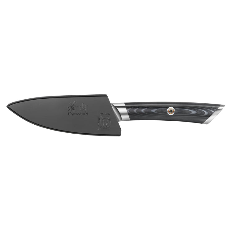 3.5-inch paring knife with black sheath, dark wood handle, and metal bolster and end cap.