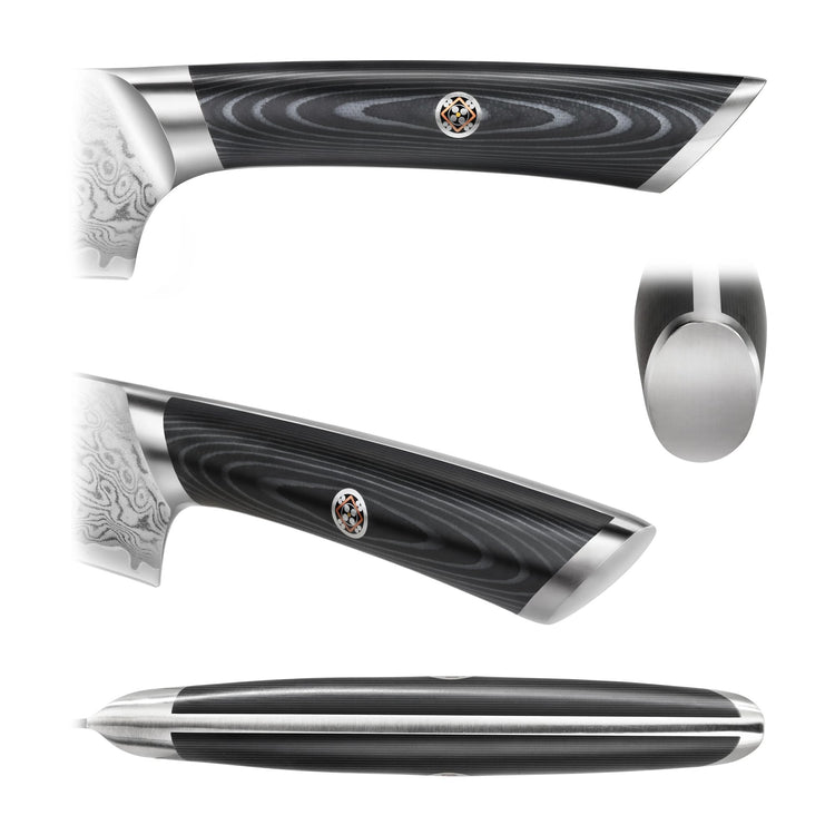 Black and silver knife handle with wood grain pattern and metal emblem, shown from four angles.