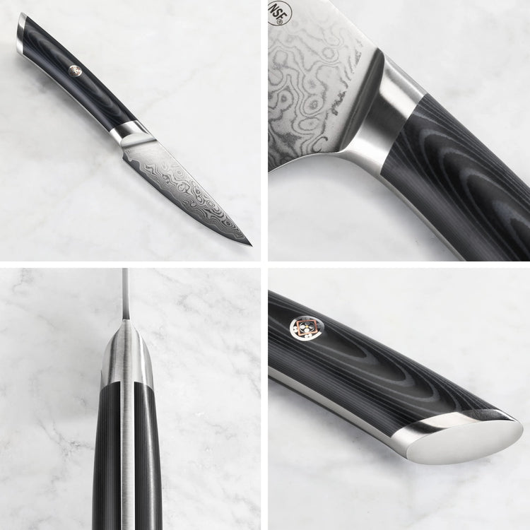 3.5-inch paring knife with patterned Damascus steel blade and black ergonomic handle with metal accents.