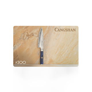 
                    
                      Cangshan $300 gift card featuring an upright kitchen knife with a blue handle on a tan stone background.
                    
                  