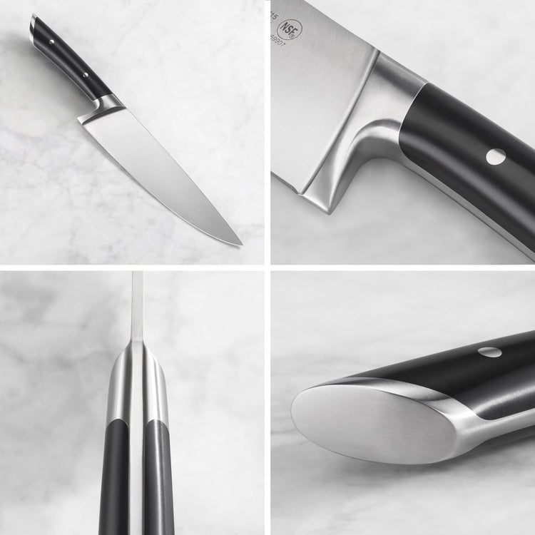 Chef knife with black handle and stainless steel blade shown from multiple angles on a marble surface.