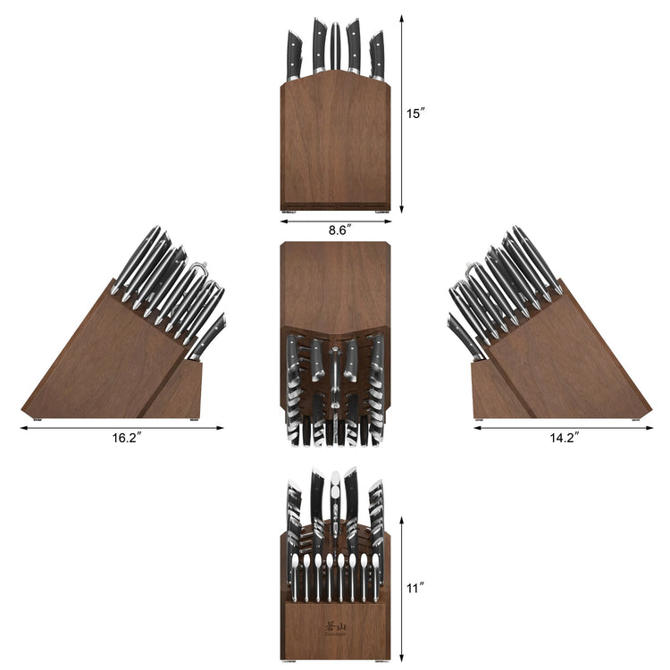 Wooden knife block set with multiple black-handled knives, shown from five angles with dimensions.