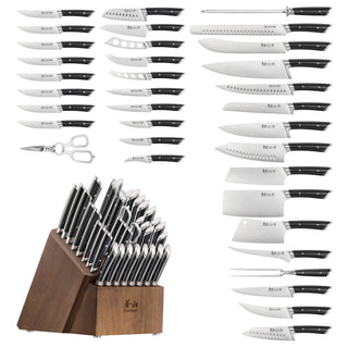 
                    
                      36-piece knife block set with various black-handled knives, kitchen shears, and a wooden block holder.
                    
                  