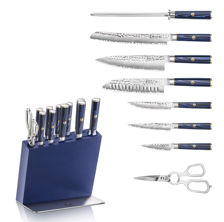 Blue-handled knives and kitchen scissors displayed next to a matching blue knife block with a metal base.