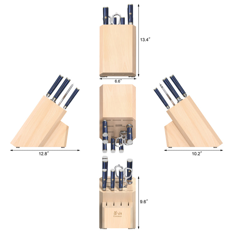 Maple knife block with eight knives and kitchen tools, shown from four angles with dimensions.