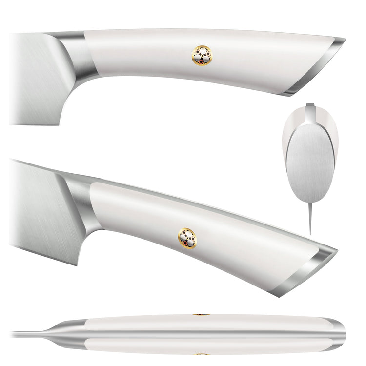 White ergonomic handle of a boning knife with a small circular emblem and stainless steel bolster and end cap.