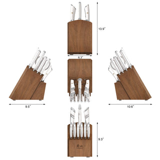 
                    
                      Knife block set with 17 stainless steel knives in an acacia wood block, shown from multiple angles with dimensions.
                    
                  