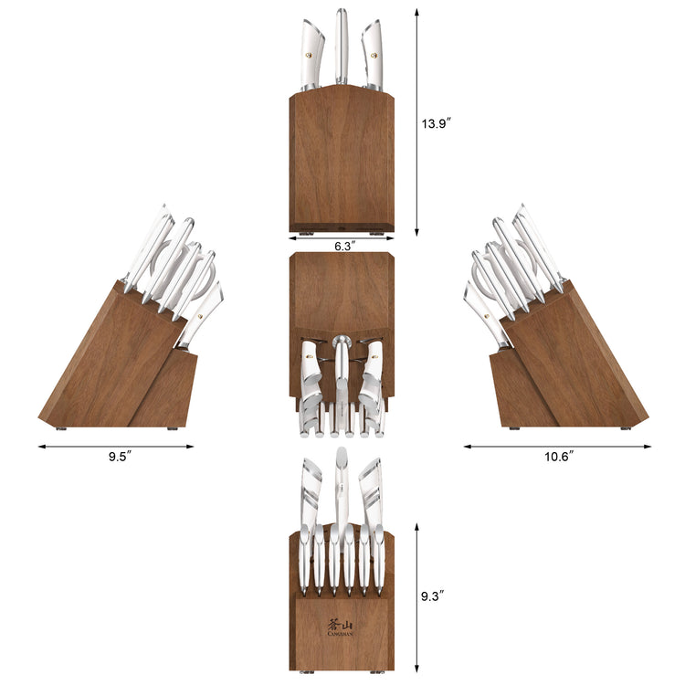 Knife block set with 17 stainless steel knives in an acacia wood block, shown from multiple angles with dimensions.