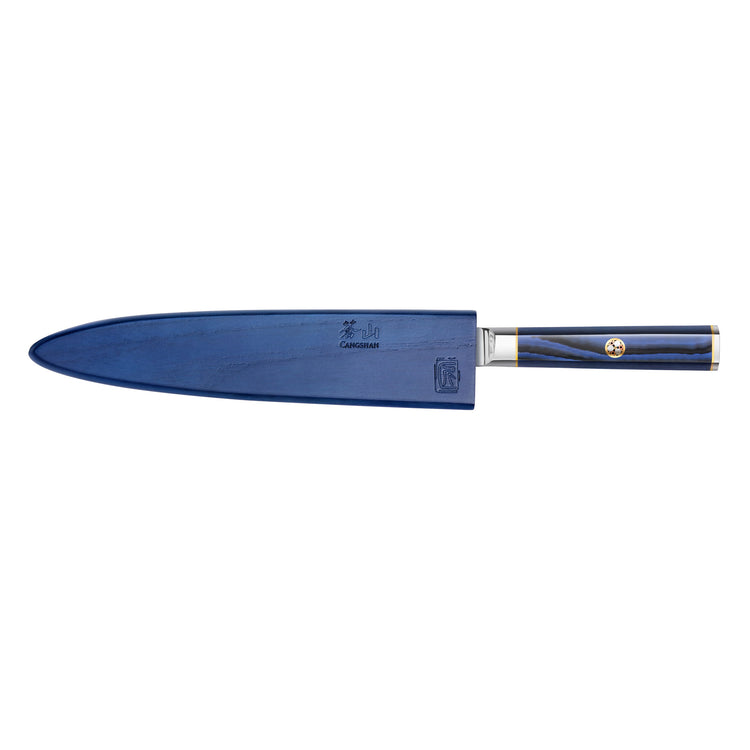 Blue sheath covering an 8-inch sashimi knife with a blue and black handle featuring a gold emblem.