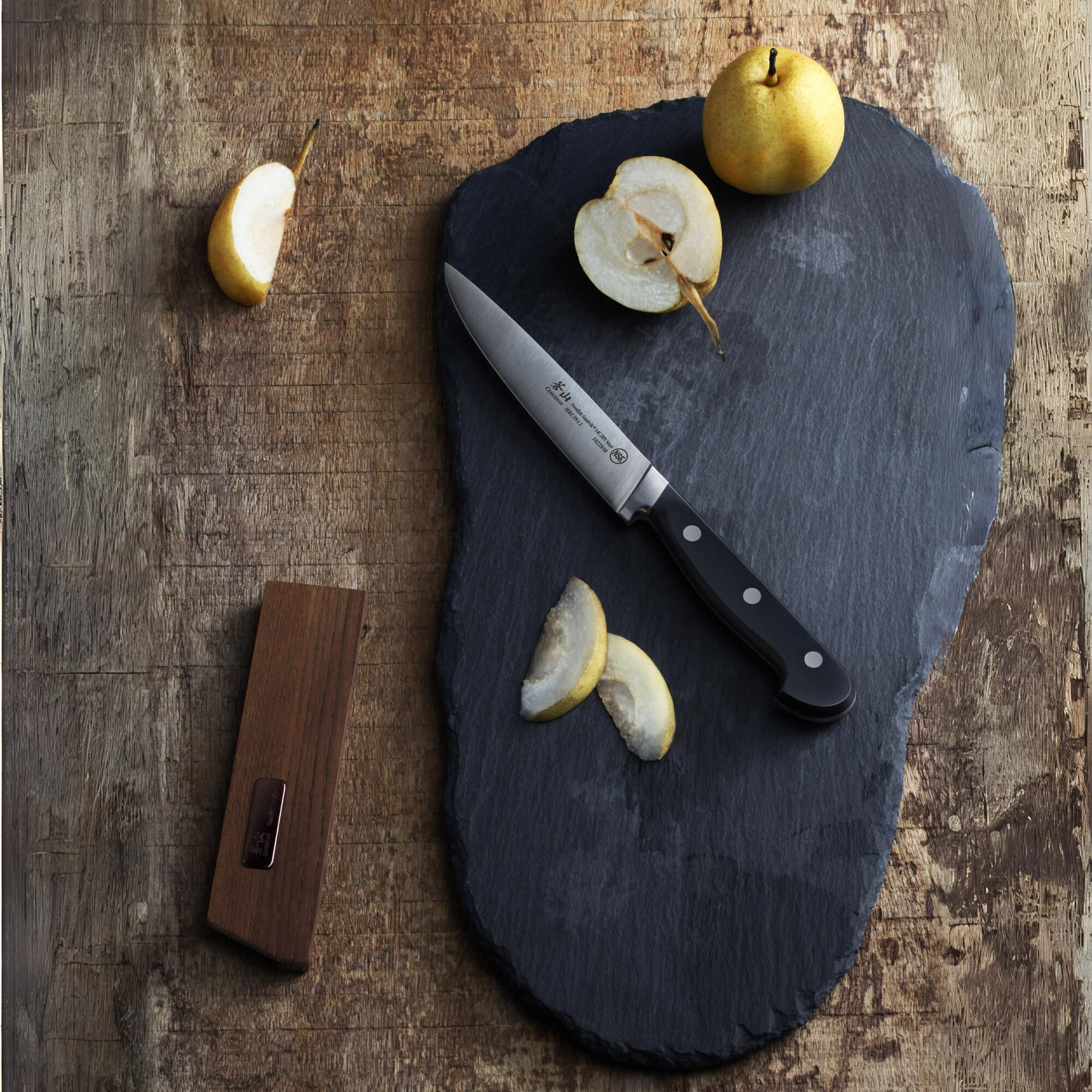 TV2 Series 5-Inch Utility Knife with Wood Sheath, Forged Swedish 14C28N Steel, 1022865