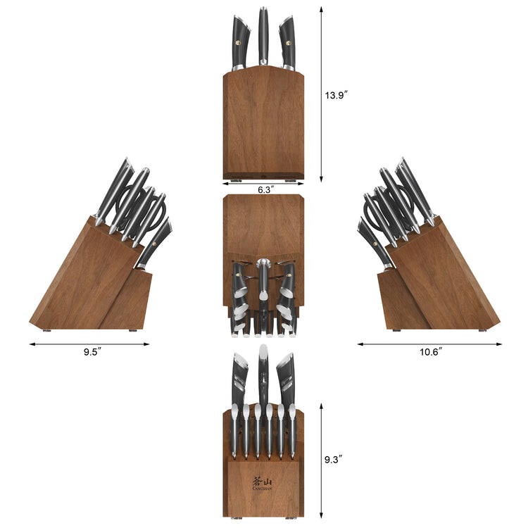 Knife block set with 17 forged steel knives in an acacia wood block, shown from multiple angles with dimensions.