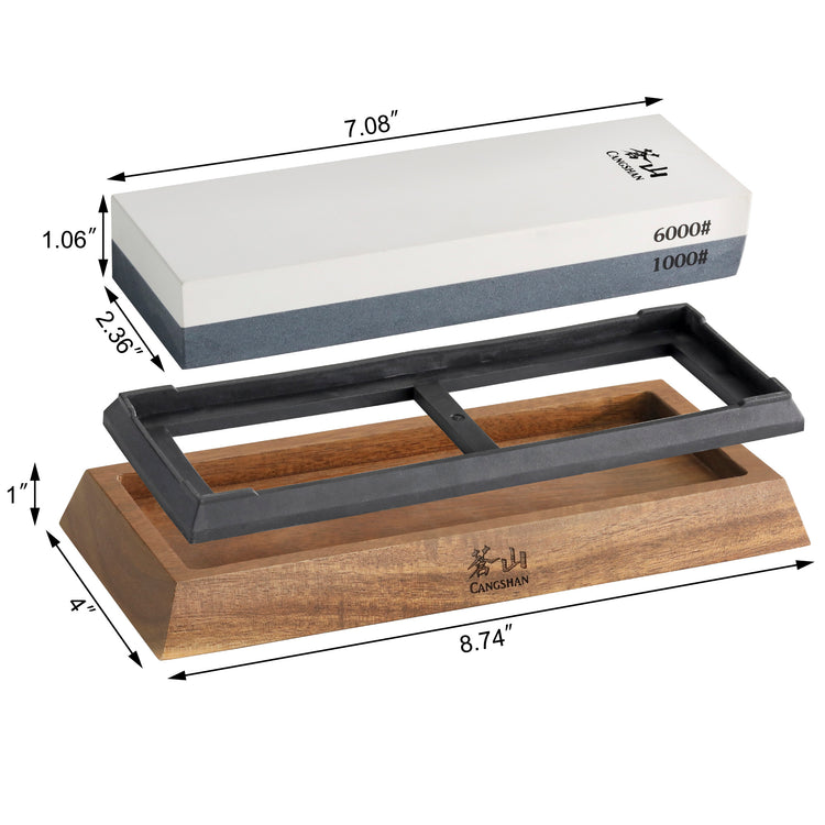 Dual-sided whetstone with 1000 and 6000 grit, black plastic holder, and wooden base with dimensions shown.