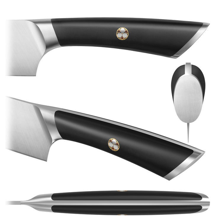 Close-up views of a black-handled knife with a metal emblem, showing side, top, and end angles.