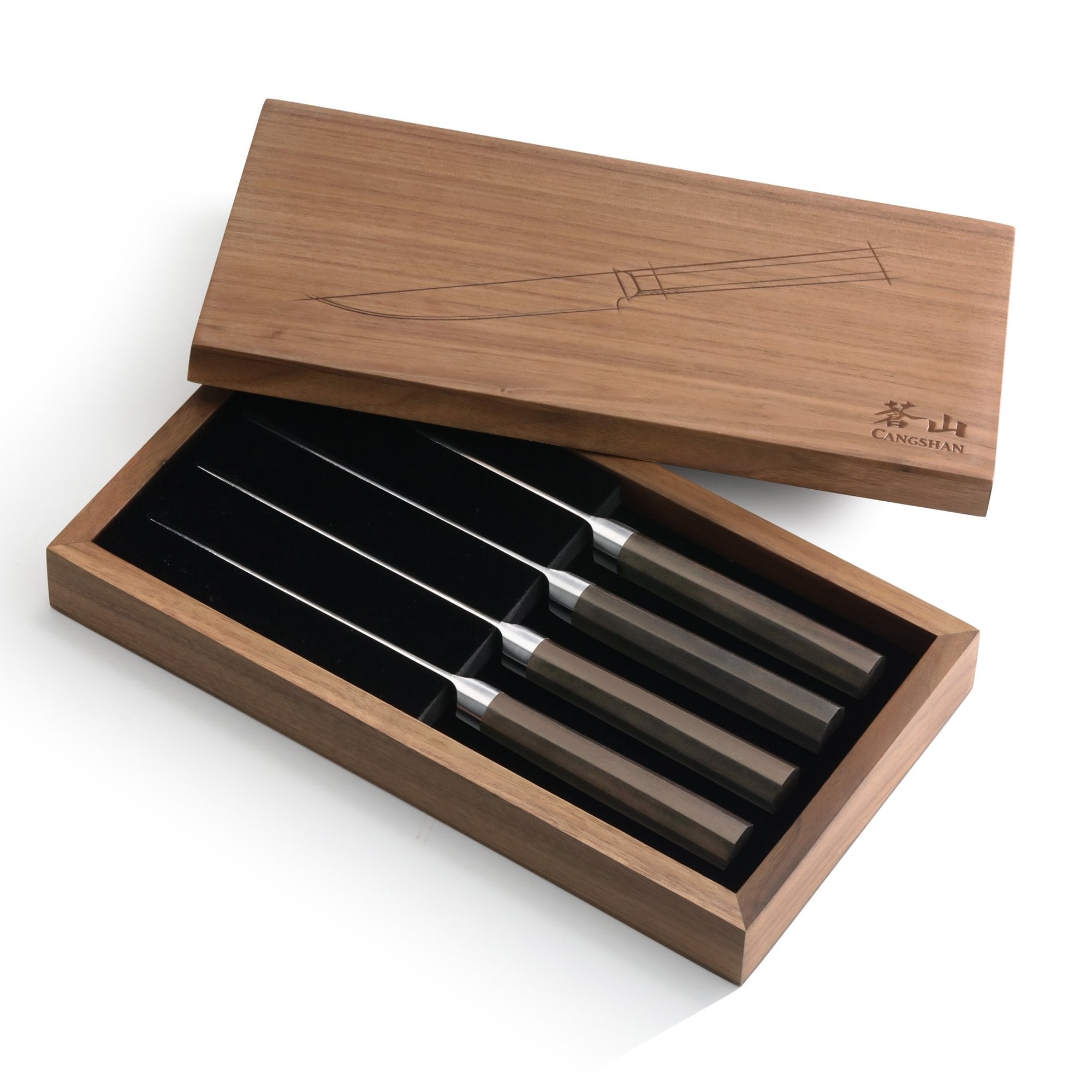 Four steak knives with dark handles arranged in a wooden box with a lid featuring a knife illustration.