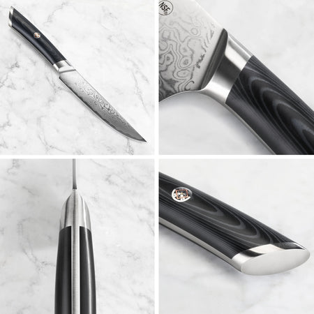Steak knife with patterned Damascus steel blade and black ergonomic handle with metal accents shown from multiple angles.