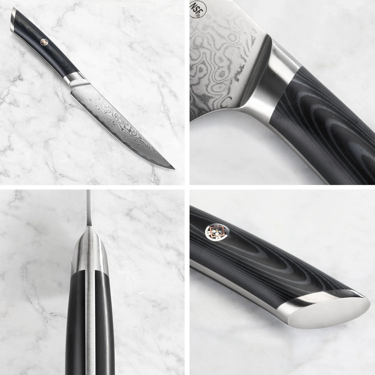 Steak knife with patterned Damascus steel blade and black ergonomic handle with metal accents shown from multiple angles.