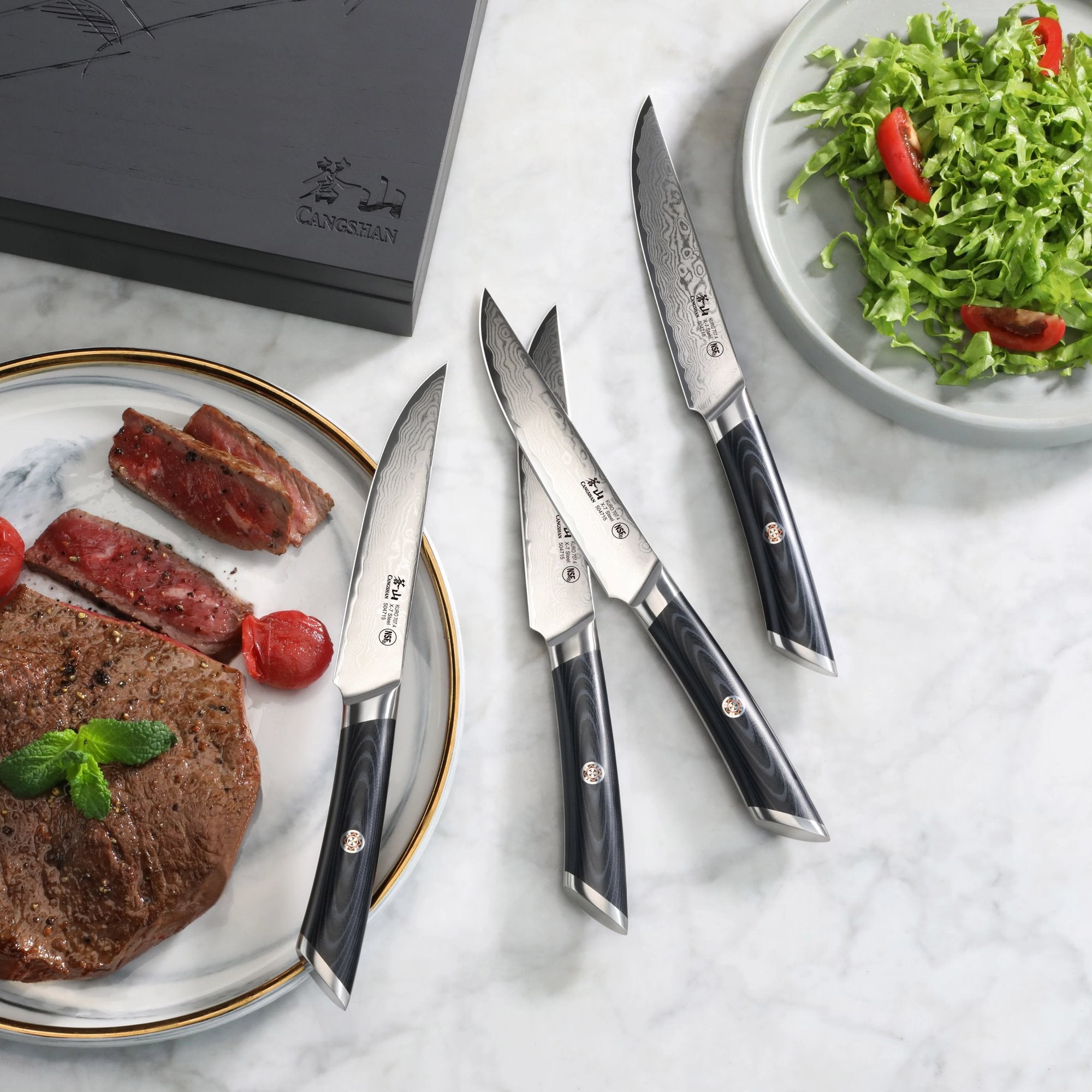 KURO Series 4-Piece Steak Knife Set in Ash Wood Box, High Carbon X-7 Damascus Steel, 504326