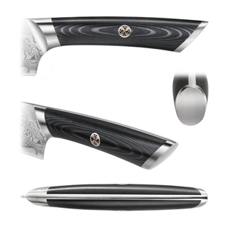 
                    
                      Close-up views of a steak knife handle with dark wood grain, metal bolster, and decorative rivet.
                    
                  