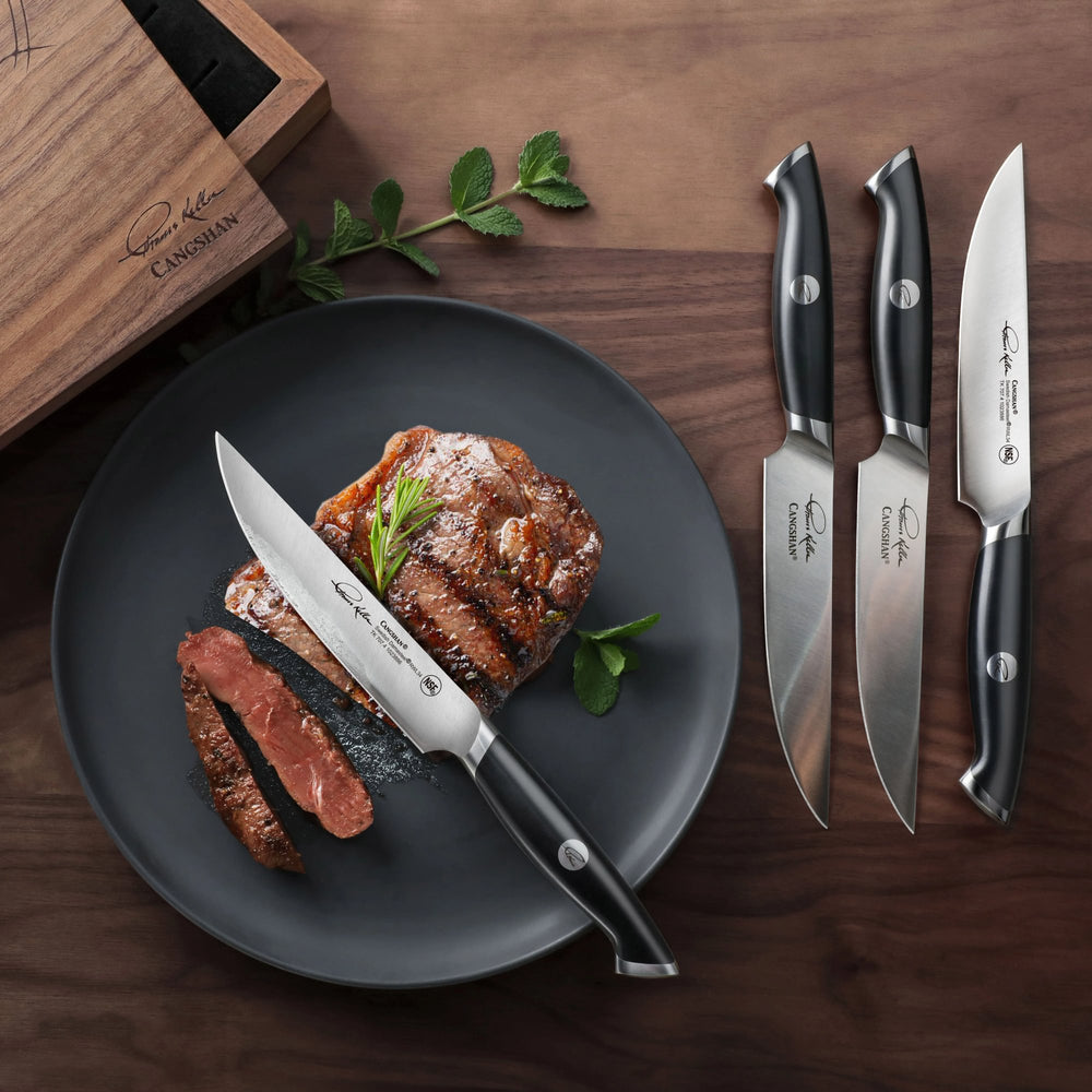 
                  
                    Load image into Gallery viewer, TKSC 4-Piece 5-Inch Steak Knife Set, Forged Swedish Powder Steel, Thomas Keller Signature Collection, Black, w/Walnut Storage Box 1023893
                  
                